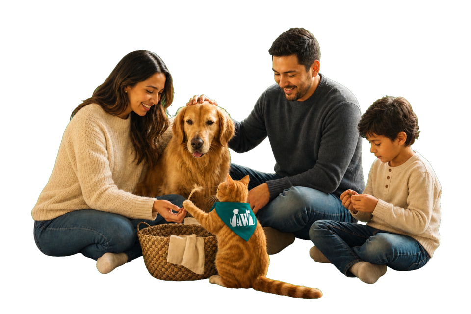 A Colombian family at home with their dog and cat